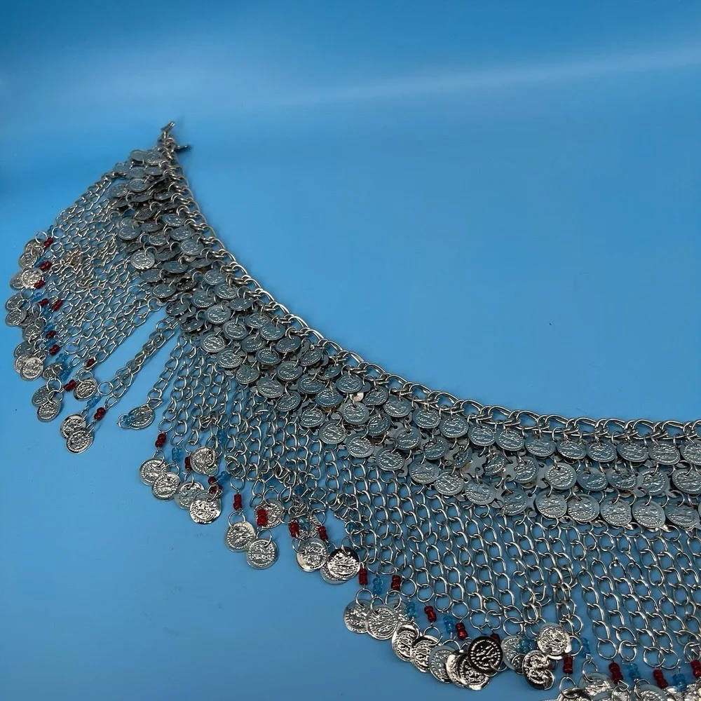 Vintage Belly Dance Hip Scarf Silver Tone Chain Mesh Red Blue Beaded Fringe